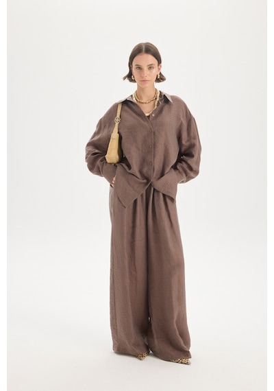 Mai Collection Mai Studios Co. Yovena Düğme Detay Kahve Oversize Gömlek Kahve