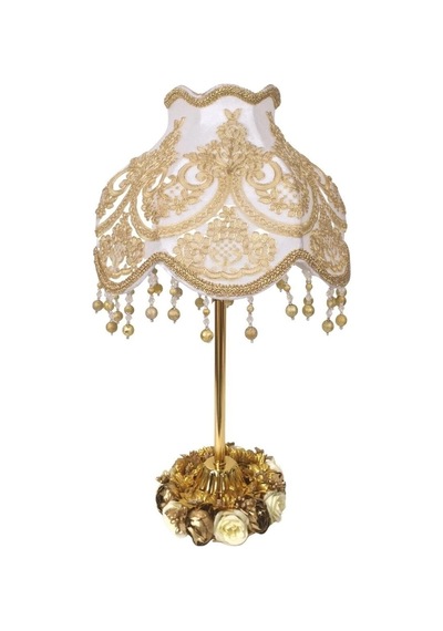 Ekru Kadife Kaplı Çiçek Dekorlu Gold İşlemeli Başlık Gold Metal Çiçek Ayaklı Klasik Abajur 50x25cm