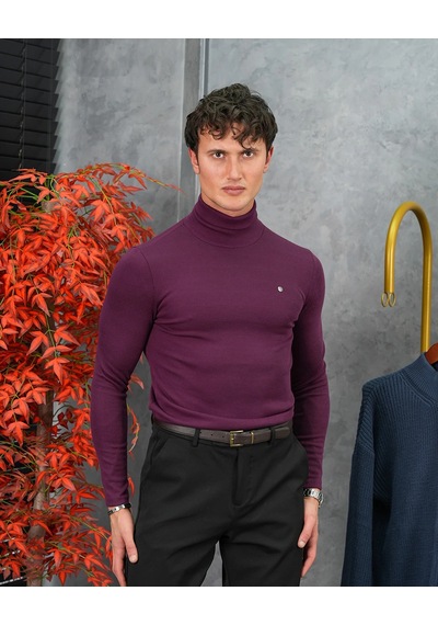Modefendi Slim Fit İtalyan Kesim Tam Balıkçı Boğazlı Kazak Mor