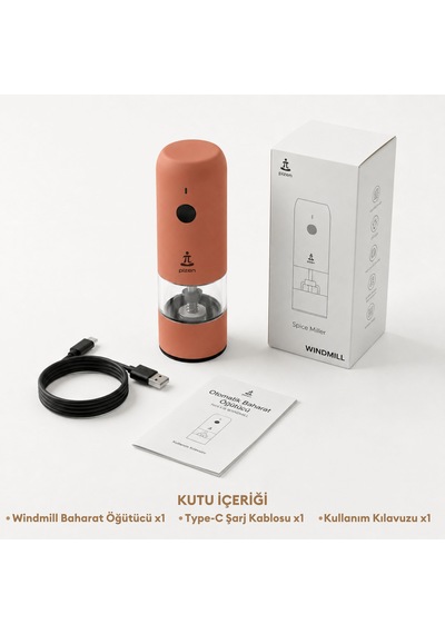 Pizen Windmill Usb Şarjlı Otomatik Baharat Öğütücü Led Işıklı Ayarlanabilir Tuz Karabiber Değirmeni Turuncu