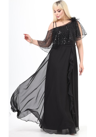 Ladies First Büyük Beden 3858 Siyah Uzun Abiye Elbise 001