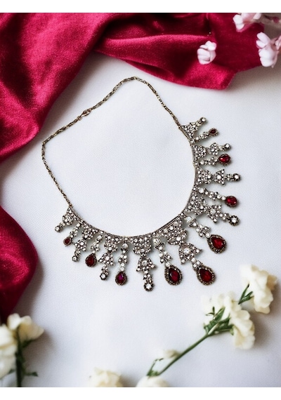 Zirkon Taşlı Su Damlası Nişan Kına Düğün Gerdanlık Fayra-a7926grd Kırmızı