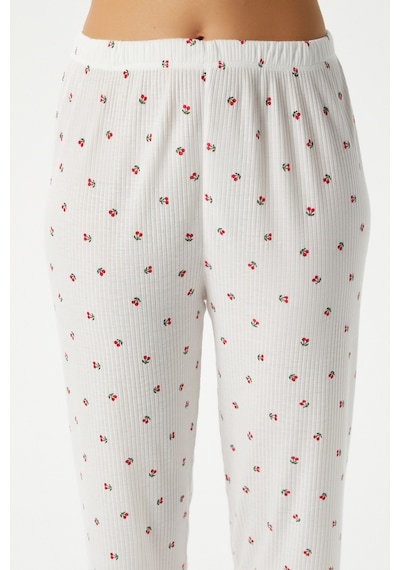 Ritnice Kadın June Askılı Kiraz Desenli Alt Üst Pijama Takımı Ekrukırmızı