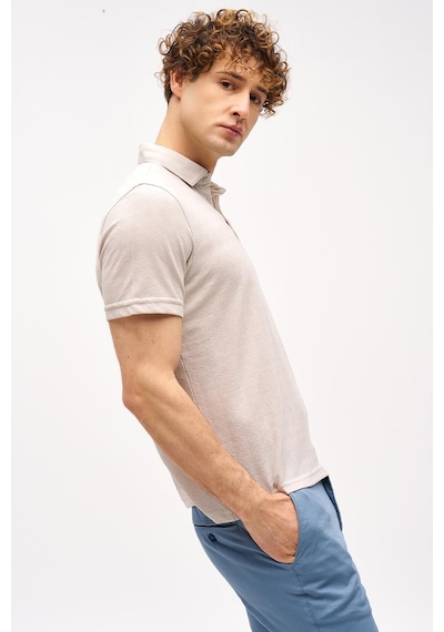 Taş Slim Fit Dar Kalıp Fermuarlı Polo Yaka Desenli Kısa Kollu Tişört-16400 Bej