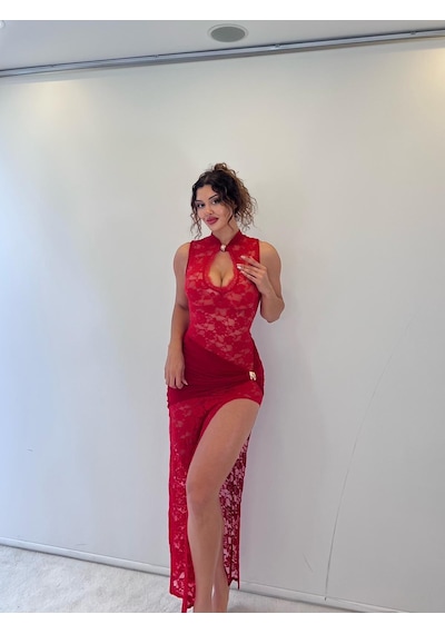 Pink Life Kırmızı Dantel Toka Detaylı Maksi Elbise Kırmızı