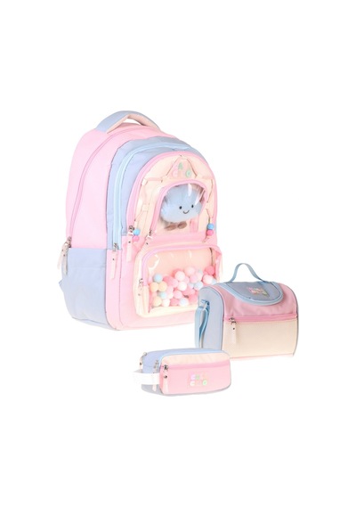 Calacilo Cloudy Pembe Mavi Renkli Pembe - Mavi Kız Çocuk Üçlü İlkokul Okul Çantası Seti - Setcc-c4086a