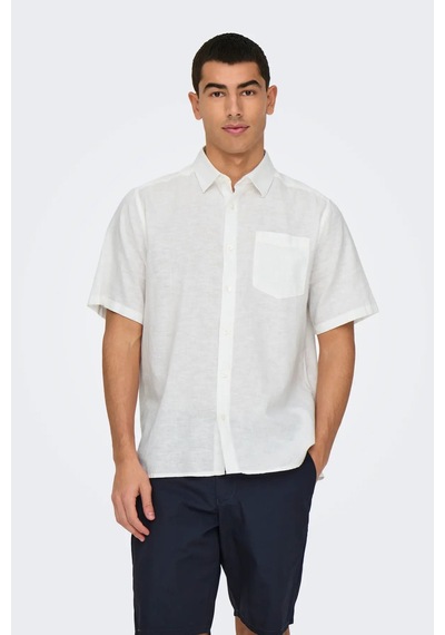 Only & Sons Erkek Onscaıden Kısa Kollu Tek Cepli Keten Gömlek 22031805 Beyaz Beyaz