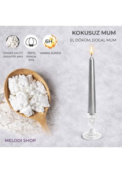 Gümüş Renk İnce Şamdan Mum Seti, 25 Cm Uzunluk, 10'lu Paket, Dekoratif Taper Dilek Mum, Şık Masa, Davet Ve Öze Diğer
