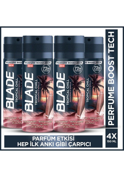 Tropical Chill Erkek Alüminyumsuz Deodorant Body Spray 4x150ml Hızlı Kurur,leke Bırakmaz