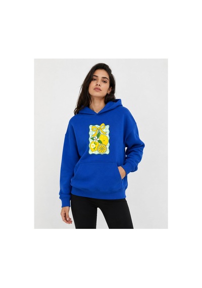 Herkesemoda Limon Baskılı Kapüşonlu 2 İplik Şardonlu Sweatshirt Mavi