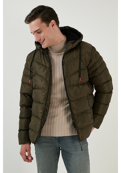 Buratti Peluş Astarlı Kapüşonlu Fermuarlı Slim Fit Şişme Erkek Mont 5762010 Haki