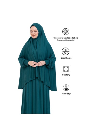 Modish Group İki Parça Namaz Elbisesi Uzun Pamuklu Tesettür Giyim Abaya & Başörtüsü Set Zümrüt