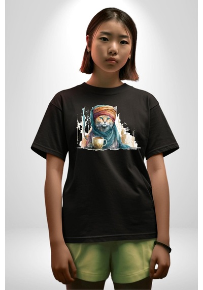 Türk Kahvesi Kedi Pamuklu Bisiklet Yaka Unisex Oversize Boyfriend Dijital Baskılı Siyah T-shirt Siyah