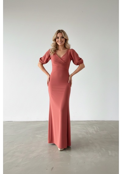 Defymoda Kadın Yırtmaçlı Şık Tasarım Krep Elbise Pembe
