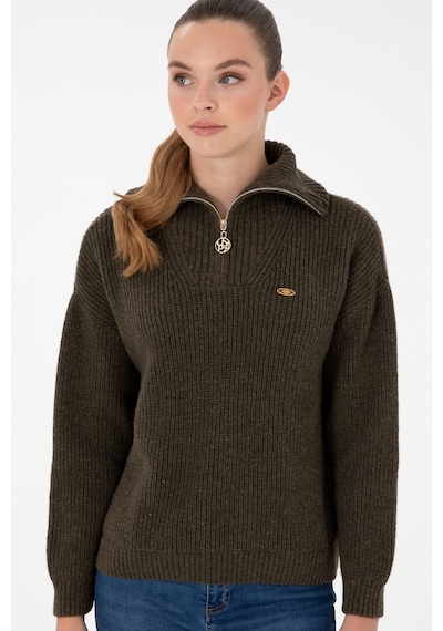 U.S. Polo Assn. Kadın Haki V Yaka Fermuarlı Kazak 50297086-VR027