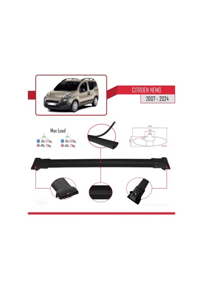 Citroen Nemo 2007 Ve Sonrası İle Uyumlu Fly Model Ara Atkı Tavan Barı Siyah 3 Adet Bar