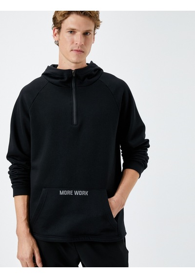 Koton Kapüşonlu Yarım Fermuarlı Spor Sweatshirt Kanguru Cepli Siyah 4wam70004nk Siyah