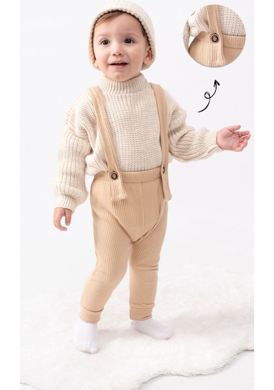 Bebicix Triko Kazak Oversize Esnek Salopet Bereli Unisex Bebek Takım Bej
