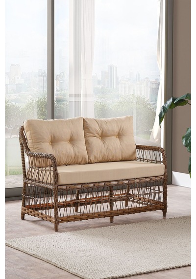 Breda Rattan Örgü Bahçe Balkon Takımı 2+1+1 Cam Masalı Kahve Kahve