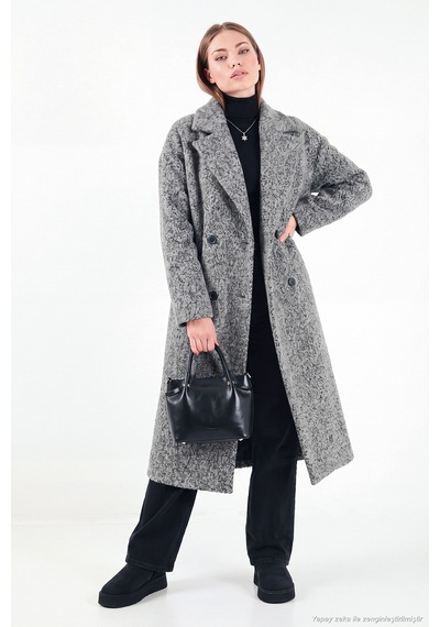 Lela Oversize Fit Mono Yaka Düğmeli Buklet Uzun Kaşe Kaban Kadın Kaban 6811997 Antrasit