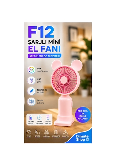 F12 Mini El Fanı Şarjlı Taşınabilir Usb El Vantilatörü Pembe - 886035522