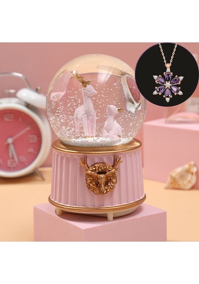 Pembe-geyikli Orta Boy Işıklı Müzikli Kar Küresi Ve Lotus Çiçeği