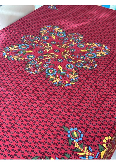 Kolay Temizlenebilir Renkli Cıvıl Cıvıl Desenli Masa Örtüsü 170x170 Cm Kırmızı - Siyah