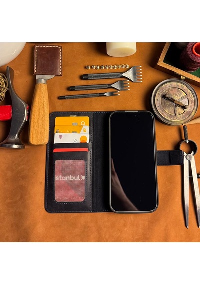 Bideri Patara Apple Uyumlu iPhone 17 Pro Max Hakiki Deri Cüzdan Kılıf Lacivert