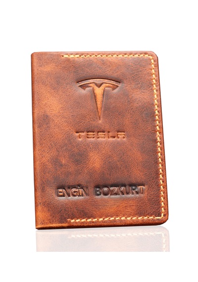 Tesla Logolu Hakiki Deri Taba Ruhsat Kılıfı - İsme Özel