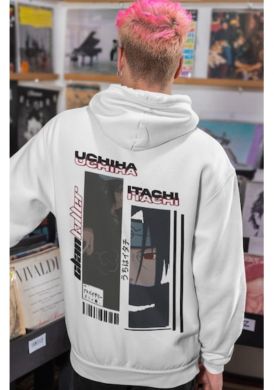 Sevbano Itachi Uchiha Naruto Anime Sırt Baskılı Unisex Oversize Penye Hoo beyaz
