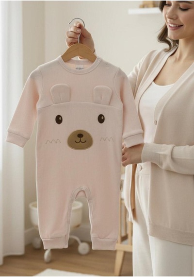 Altıntaş Baby Kulaklı Ayıcık Nakışlı Bereli Erkek Bebek Fitilli Tulum Krem Krem