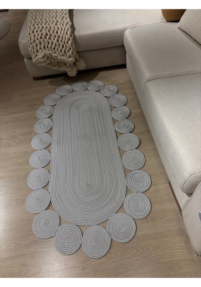 Mavaux Oval Papatya Hasır Jüt Çiçek Desenli Kilim Halı Gri