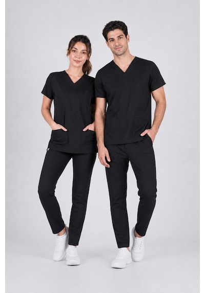 Üniforma Siyah Hemşire Ve Doktor Forması Scrubs Takımı Likralı Alt Üst Üniforma Unisex Yarasa Kol