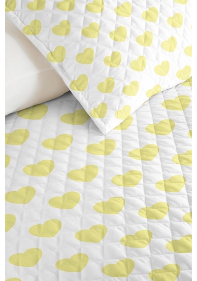 Sarı Kalp Genç Odası Tek Kişilik Pike Takımı - Minimal Beyaz 160x220 Cm Kapitone Yatak Örtüsü Bohem Sis Ufku