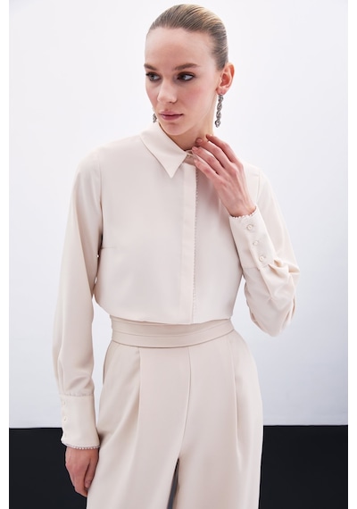 Sateen Boncuk Aksesuarlı Gömlek - Bej-135926 Bej