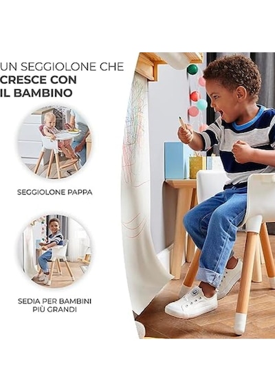 Kinderkraft Sıenna 2'si 1 Arada Mama Sandalyesi, Ahşap Ayaklı, 5 Nokta Emniyet Kemerli