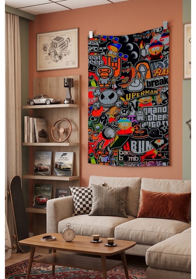 Renkli Pop Art Kolaj Duvar Örtüsü, Genç Odası Dekoru, Baskılı Kumaş Duvar Halısı Beyaz