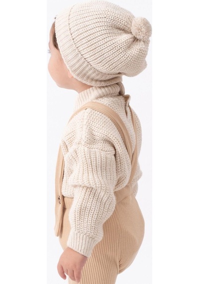 Bebicix Triko Kazak Oversize Esnek Salopet Bereli Unisex Bebek Takım Bej