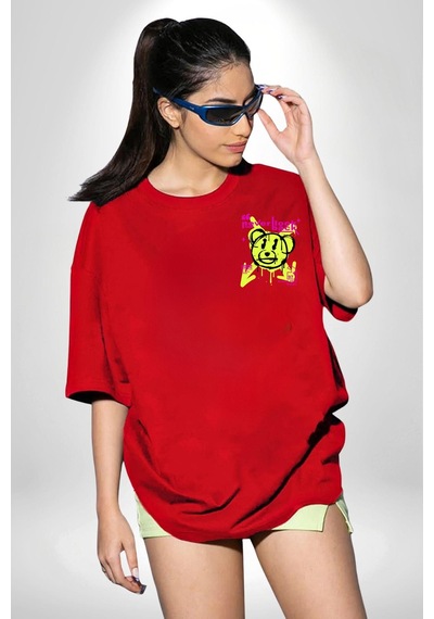 Birlikte Kal Kırmızı Oversize Unisex Ön Ve Sırt Baskılı Tişört Kırmızı
