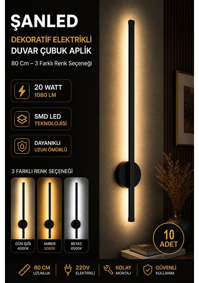 Dekoratif 20w İç Mekan Siyah Kasa 3 Renkli Işık Elektrikli 80 Cm Duvar Aplik 10 Adet