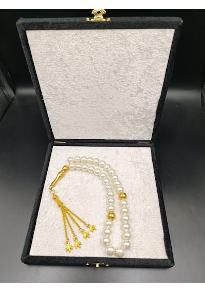İnci Tesbih Krem, Gold Detaylı Altın