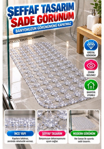 Crystal Kaymaz Vantuzlu Banyo Paspası Şeffaf 68x35 Cm Islak Zemin Kaydırmaz Küvet Duşakabin Pvc Matı