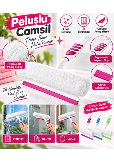 Peluşlu Pratik Cam Temizleyici Çekçek - Ergonomik Kaymaz Saplı İz Bırakmaz Camsil Karışık/Çok Renkli