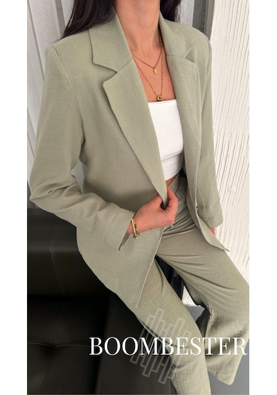 Boombester Kadın Flam Keten Astarlı Blazer Ceket Çizgili Astar Detay Rahat Kalıp İnce Ceket Haki Boombester Kadın Flam Keten Astarlı Blazer Ceket Çizgili Astar Detay Rahat Kalıp İnce Ceket Haki