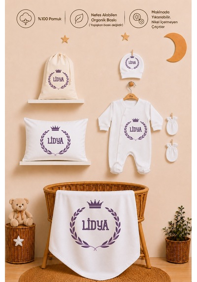 Pia Baby Kız Bebek İsimli %100 Pamuk Hastane Çıkışı 6 Parça Tulum Şapka Eldiven Hediye Seti 2074tybk0x Krem