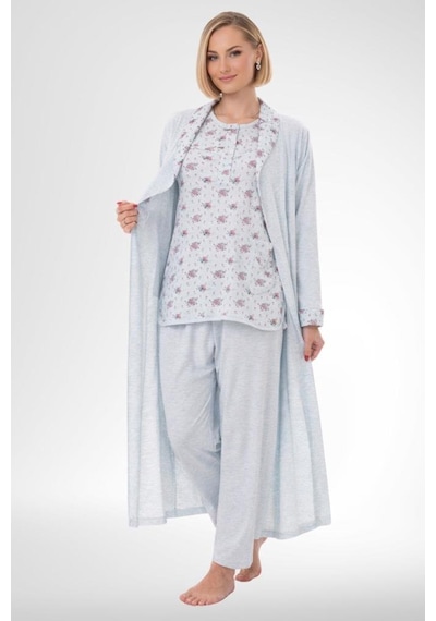 Mecit Pijama Mecit 6316 Mavi Kadın Büyük Beden Sabahlıklı Pijama Takımı Mavi