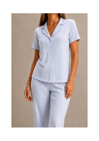 Fit Women Kadın Kısa Kol Rahat Kalıp Şık Mavi Pijama Takımı