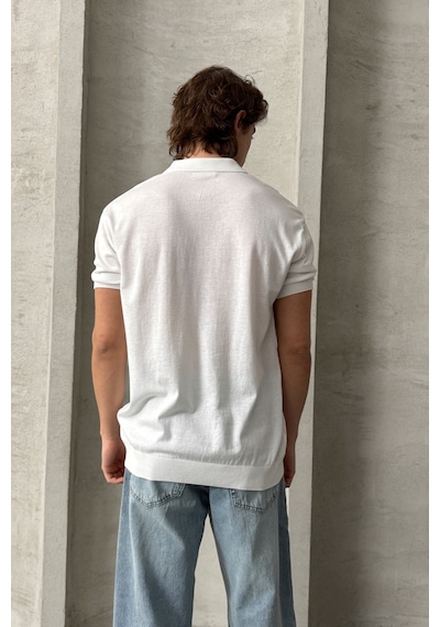 Erkek Oversize Pamuklu Polo Yaka Triko T-shirt Beyaz