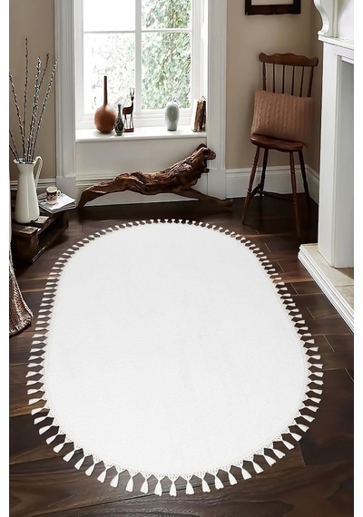 Vl Yuvarlak Comfort Ponpon Saçaklı Peluş Oval Beyaz Ponpon