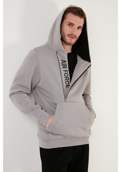 Buratti Kanguru Cepli Fermuarlı Kapüşon Yaka Slim Fit Erkek Sweat 575707 Açık Gri